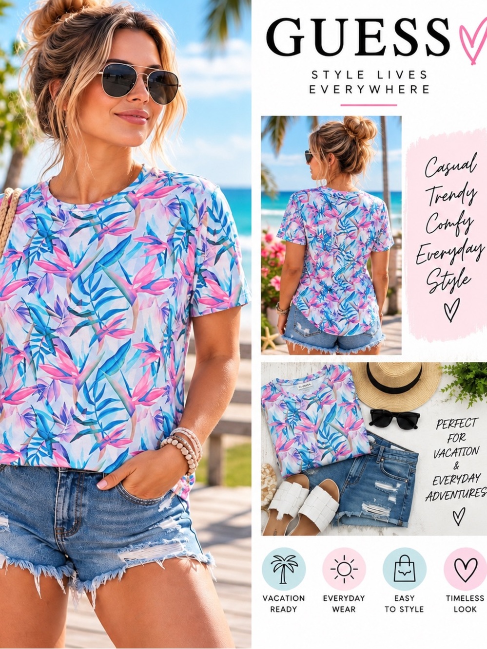 Guess Women’s Tropical Floral Short Sleeve T-Shirt Pink Blue Size XL